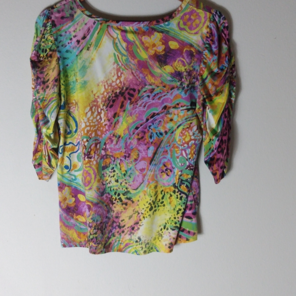 Erin London M Easter Bright Paisley Top in Pink Yellow Green - Picture 2 of 5